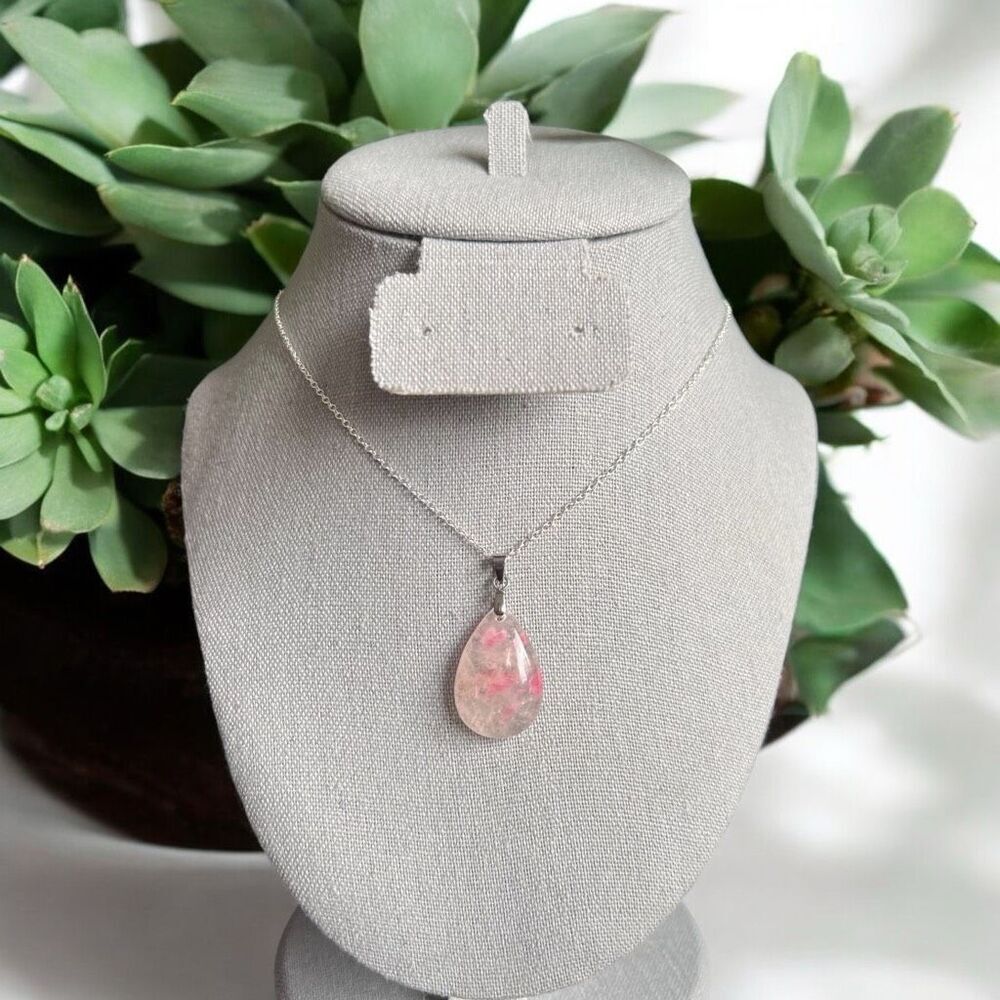 Icy Rhodonite Teardrop Pendant Necklace 925 Silver